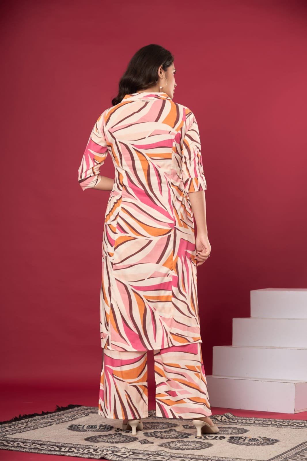 Abstract Leaf Printed Shirt Style Cotton Co-Ord Set with Side Pocket | The Kurti Shop