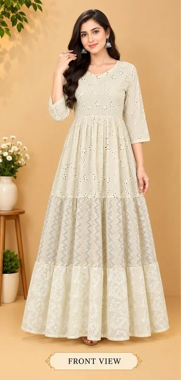 The Kurti Shop Off White Broderie Anglaise Tiered Pure Cotton Anarkali Kurti