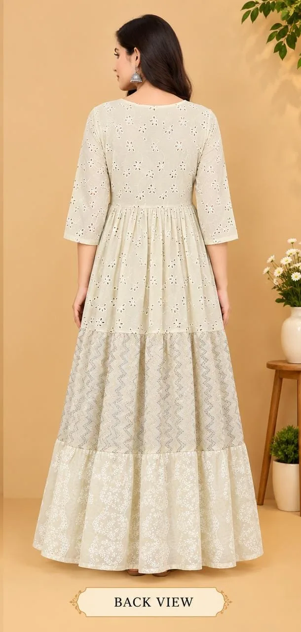 The Kurti Shop Off White Broderie Anglaise Tiered Pure Cotton Anarkali Kurti view 2