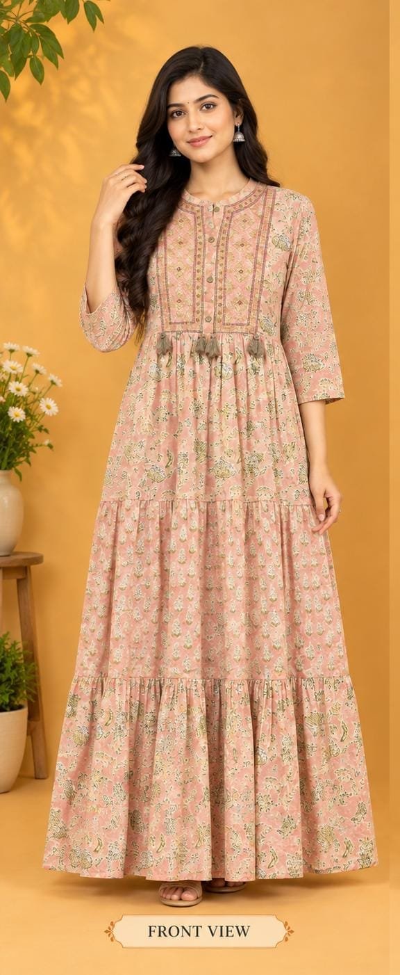 The Kurti Shop Peach Pink Floral Printed Pure Cotton Tiered Anarkali Kurti