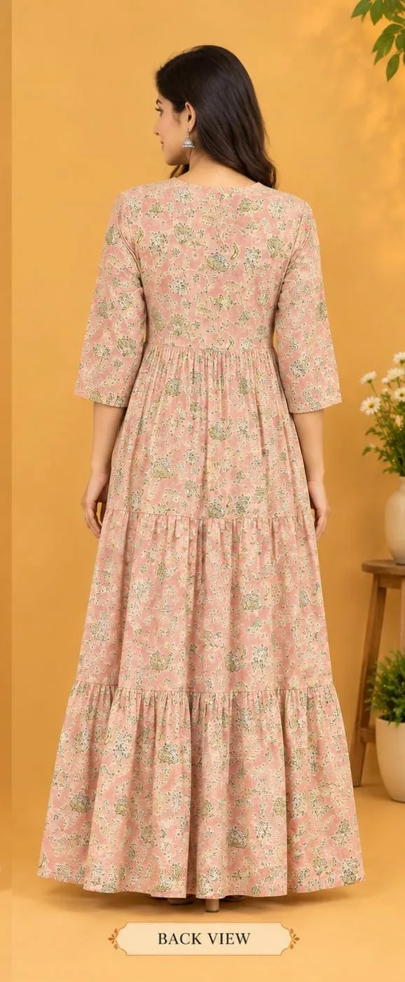 The Kurti Shop Peach Pink Floral Printed Pure Cotton Tiered Anarkali Kurti view 2