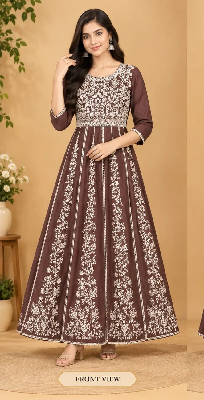 The Kurti Shop Chocolate Brown Embroidered Premium Rayon Anarkali Kurti
