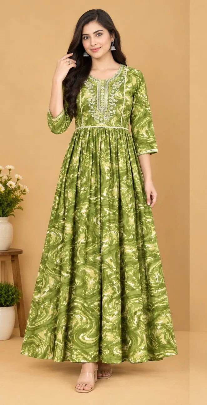 The Kurti Shop Olive Green Swirl Printed Premium Rayon Anarkali Kurti