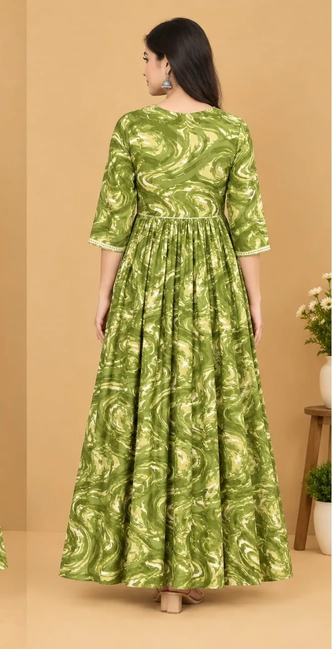 The Kurti Shop Olive Green Swirl Printed Premium Rayon Anarkali Kurti view 2