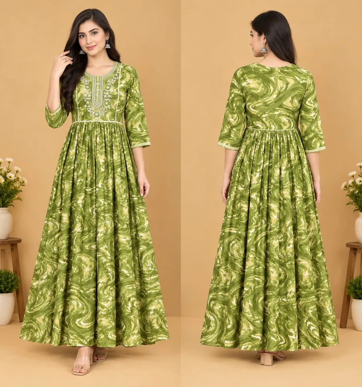 The Kurti Shop Olive Green Swirl Printed Premium Rayon Anarkali Kurti view 3