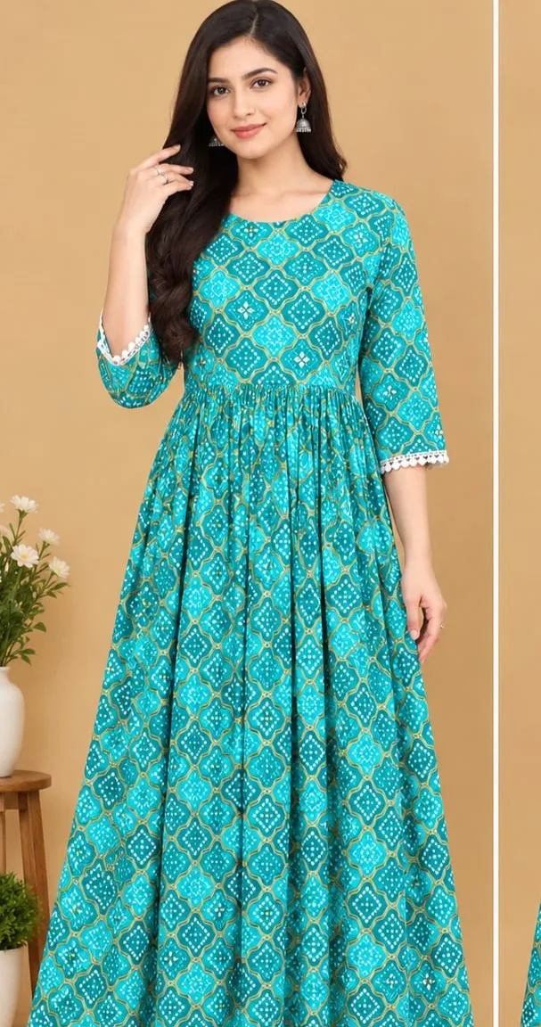 The Kurti Shop Teal Blue Bandhani Printed Pure Cotton Anarkali Kurti