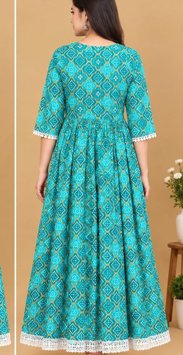 The Kurti Shop Teal Blue Bandhani Printed Pure Cotton Anarkali Kurti view 2
