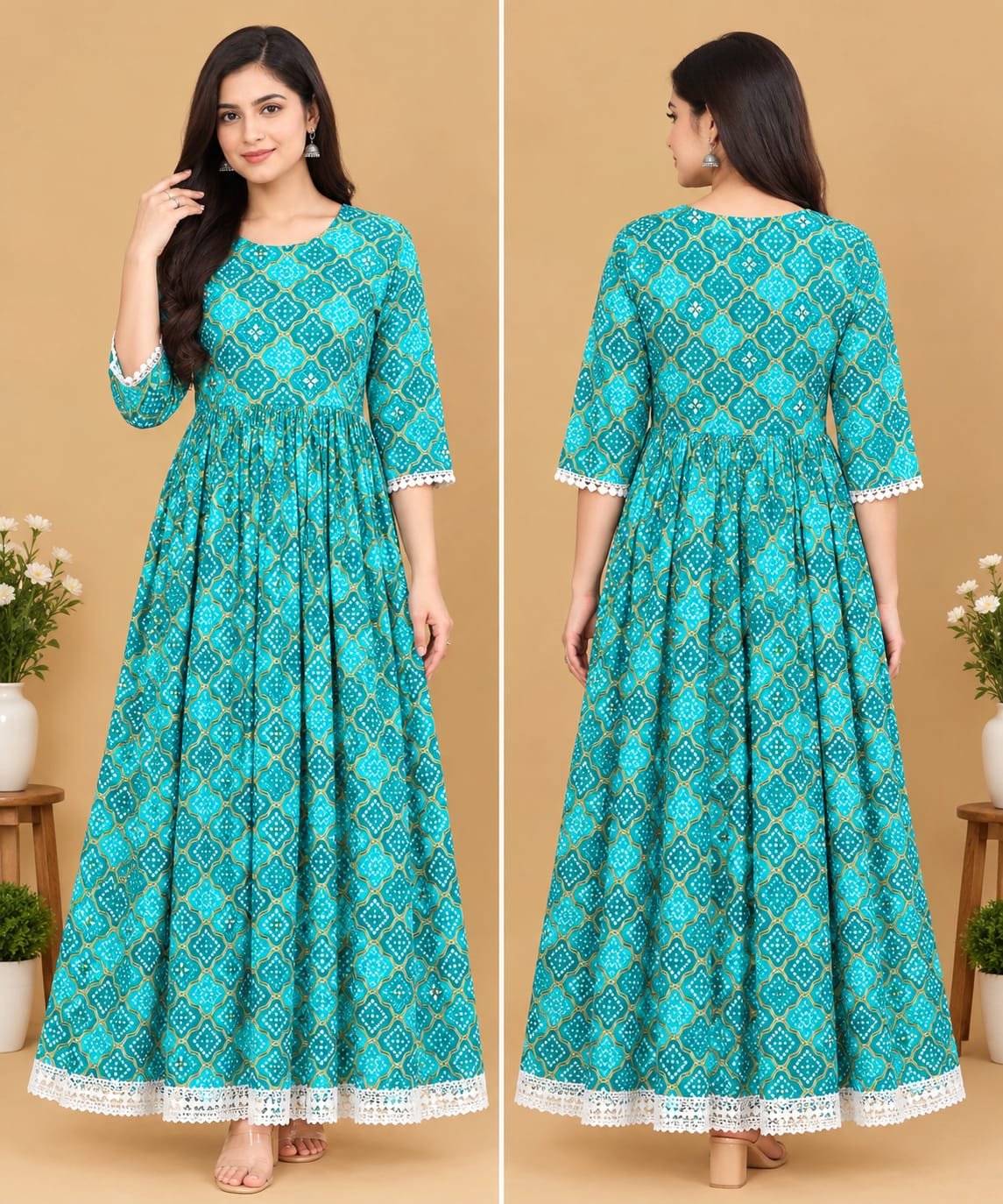 The Kurti Shop Teal Blue Bandhani Printed Pure Cotton Anarkali Kurti view 3