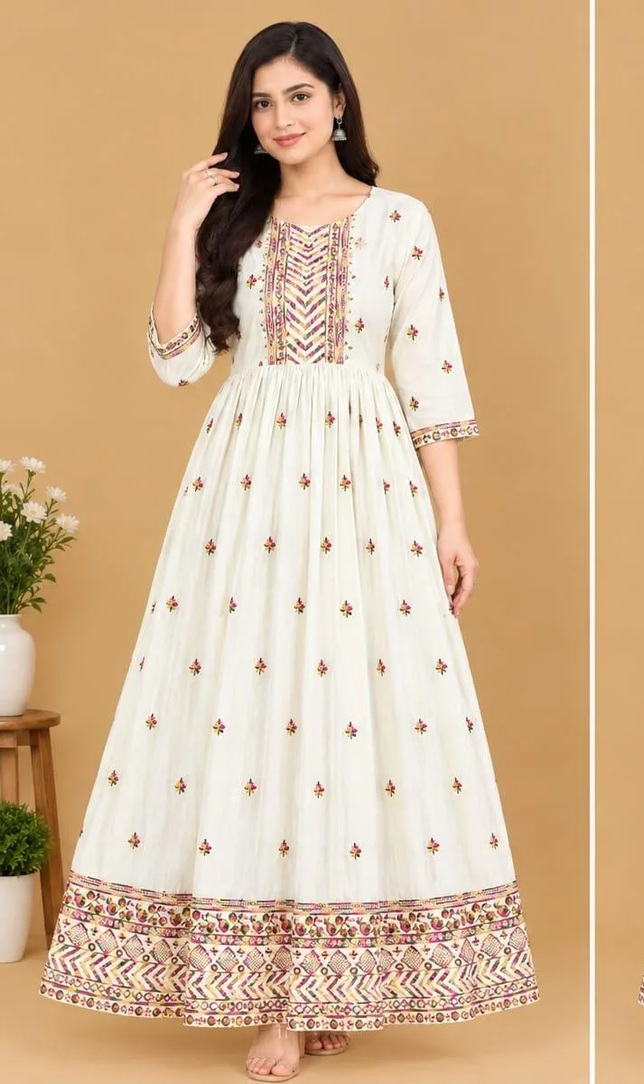 The Kurti Shop Off White Embroidered Pure Cotton Anarkali Kurti