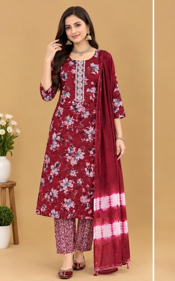 The Kurti Shop Wine Maroon Floral Printed Premium Rayon A-Line Kurta Set with Pants and Tie-Dye Dupatta | 3 Piece Set