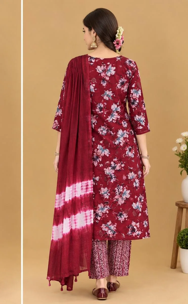 The Kurti Shop Wine Maroon Floral Printed Premium Rayon A-Line Kurta Set with Pants and Tie-Dye Dupatta | 3 Piece Set view 2