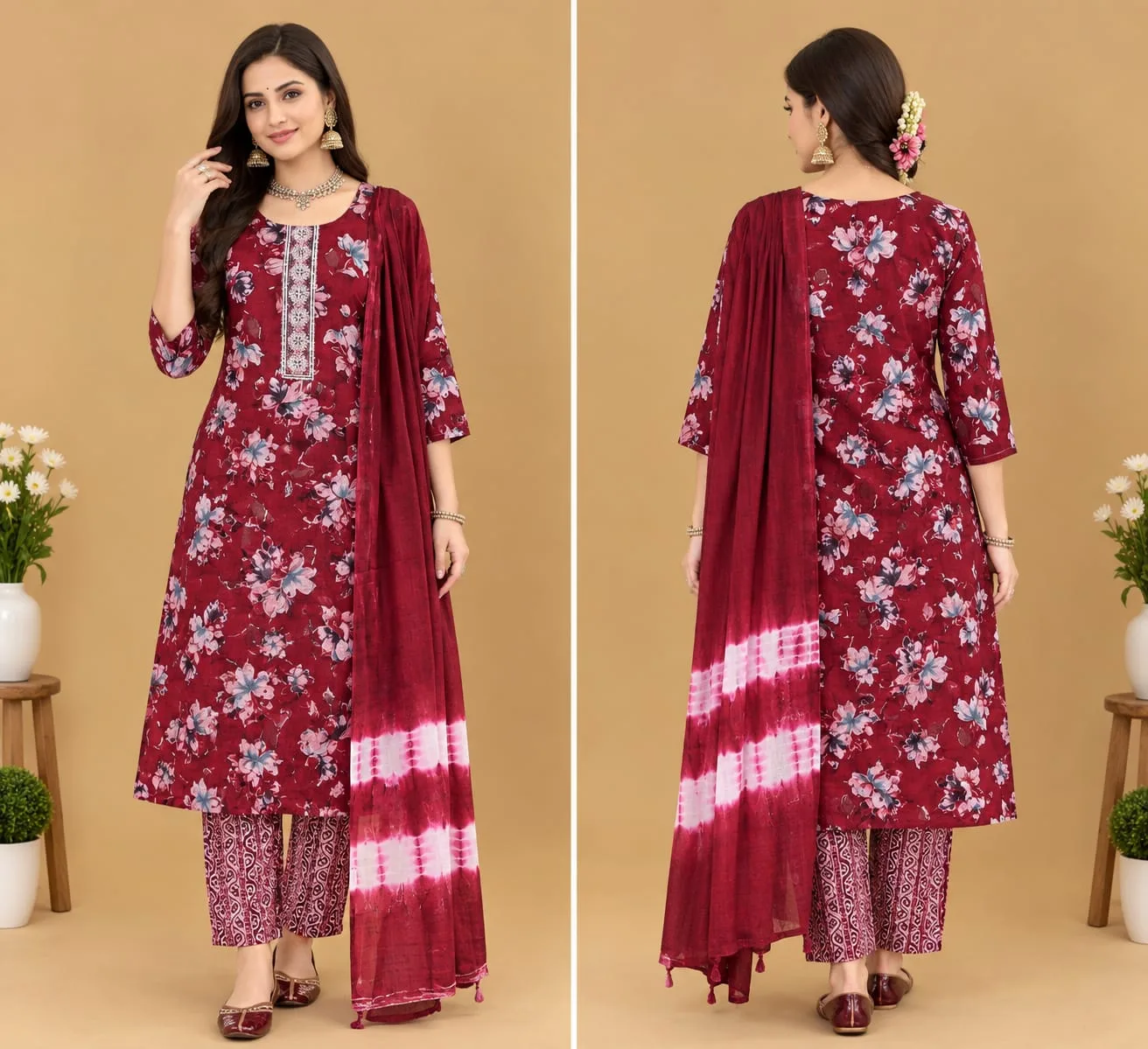 The Kurti Shop Wine Maroon Floral Printed Premium Rayon A-Line Kurta Set with Pants and Tie-Dye Dupatta | 3 Piece Set view 3
