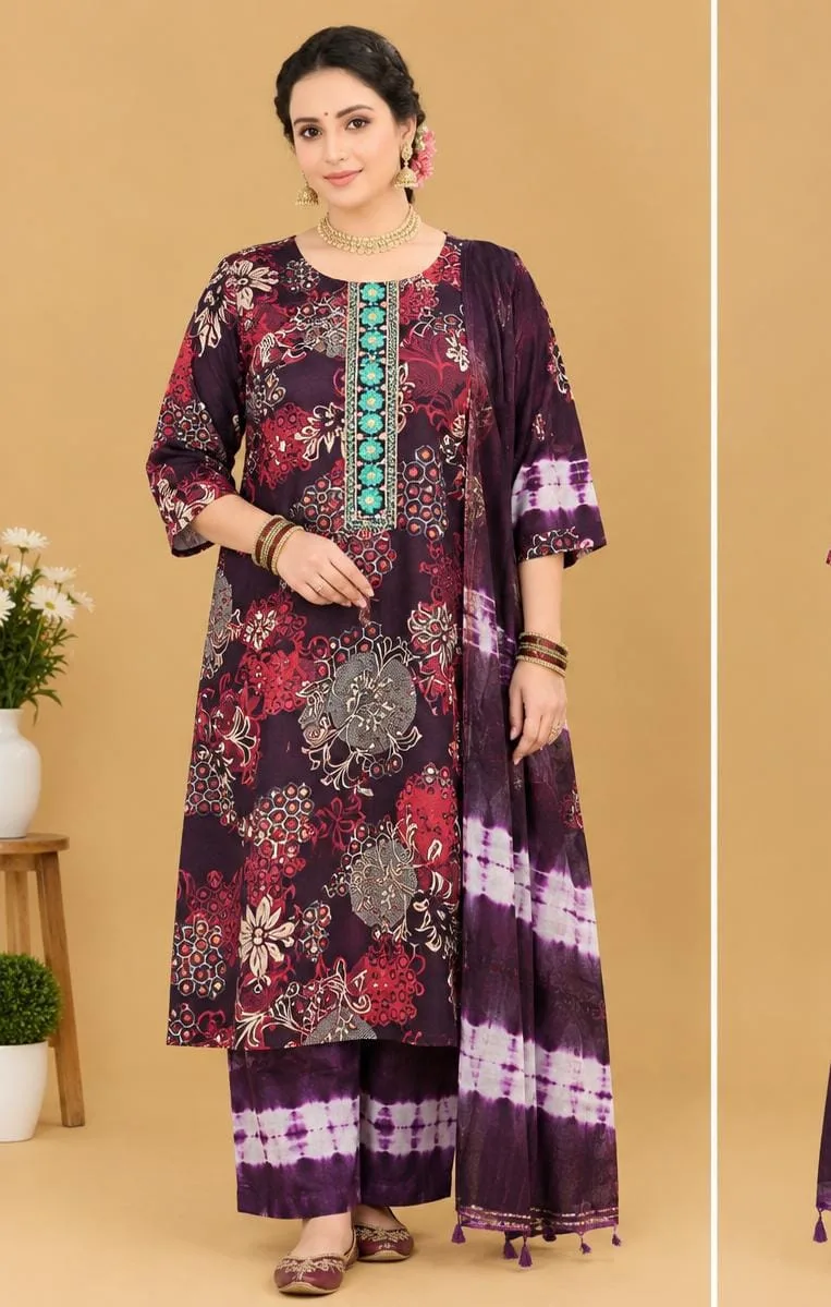 The Kurti Shop Plum Purple Floral Printed Pure Cotton Kurta Set with Tie-Dye Palazzo & Dupatta | 3 Piece Set