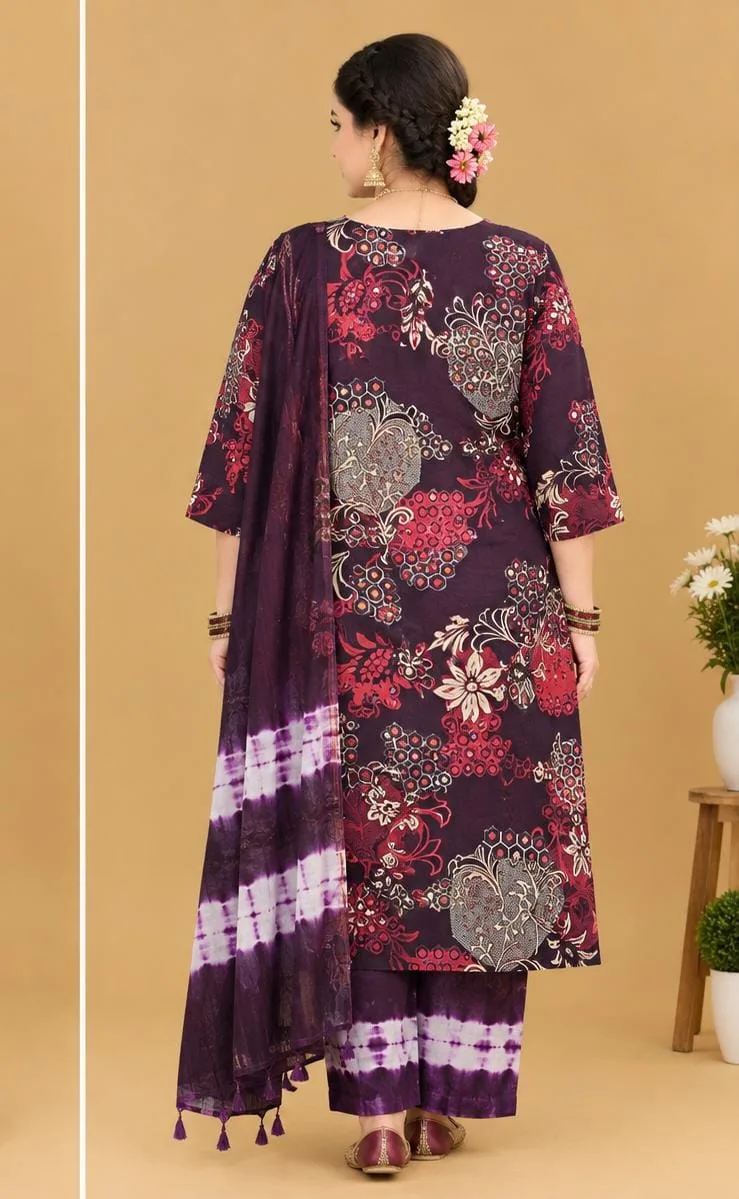 The Kurti Shop Plum Purple Floral Printed Pure Cotton Kurta Set with Tie-Dye Palazzo & Dupatta | 3 Piece Set view 2