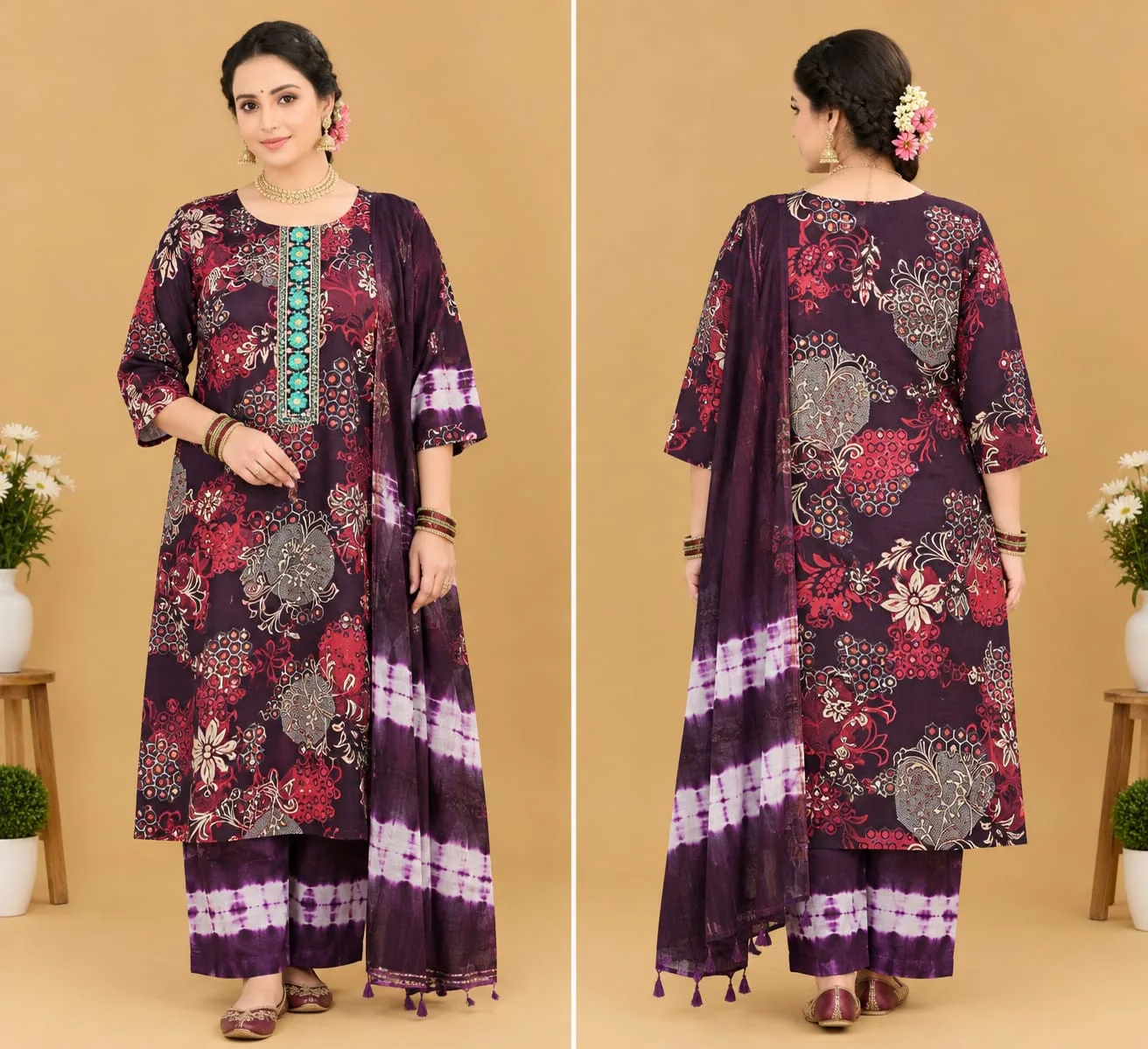 The Kurti Shop Plum Purple Floral Printed Pure Cotton Kurta Set with Tie-Dye Palazzo & Dupatta | 3 Piece Set view 3