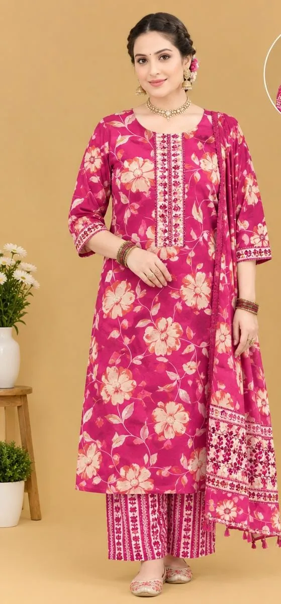 The Kurti Shop Magenta Floral Printed Pure Cotton Straight Kurta Set with Palazzo and Dupatta | 3 Piece Set