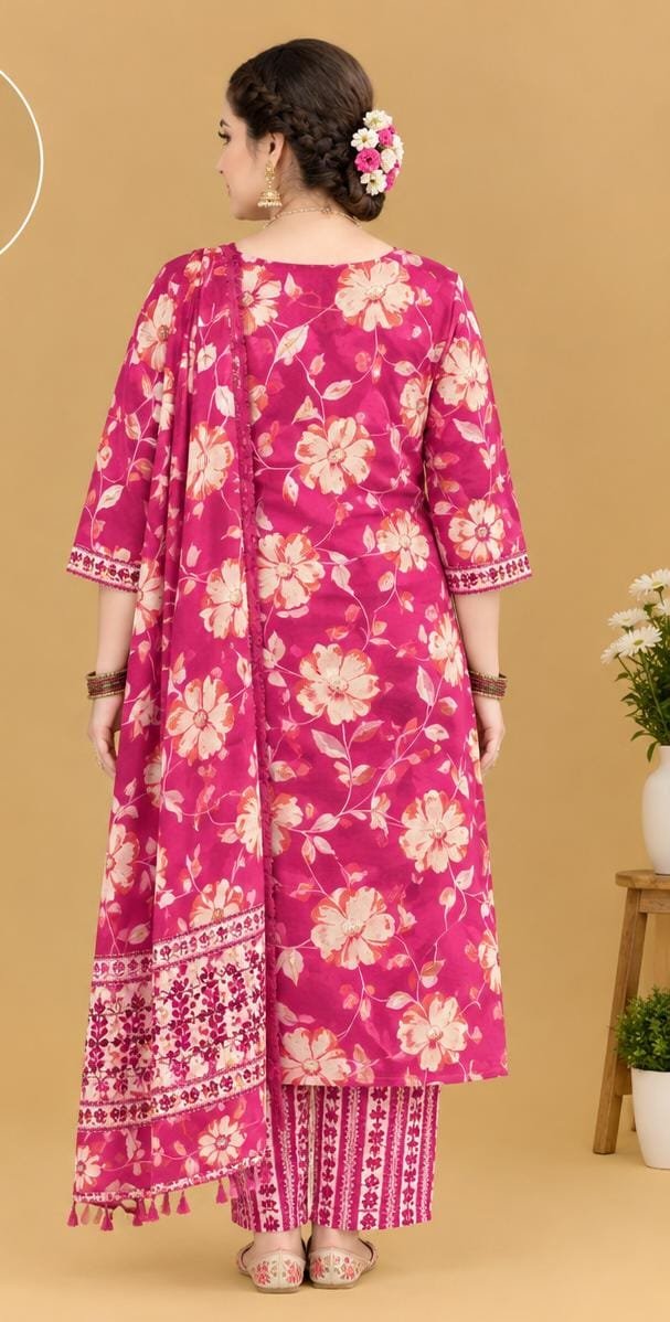 The Kurti Shop Magenta Floral Printed Pure Cotton Straight Kurta Set with Palazzo and Dupatta | 3 Piece Set view 2