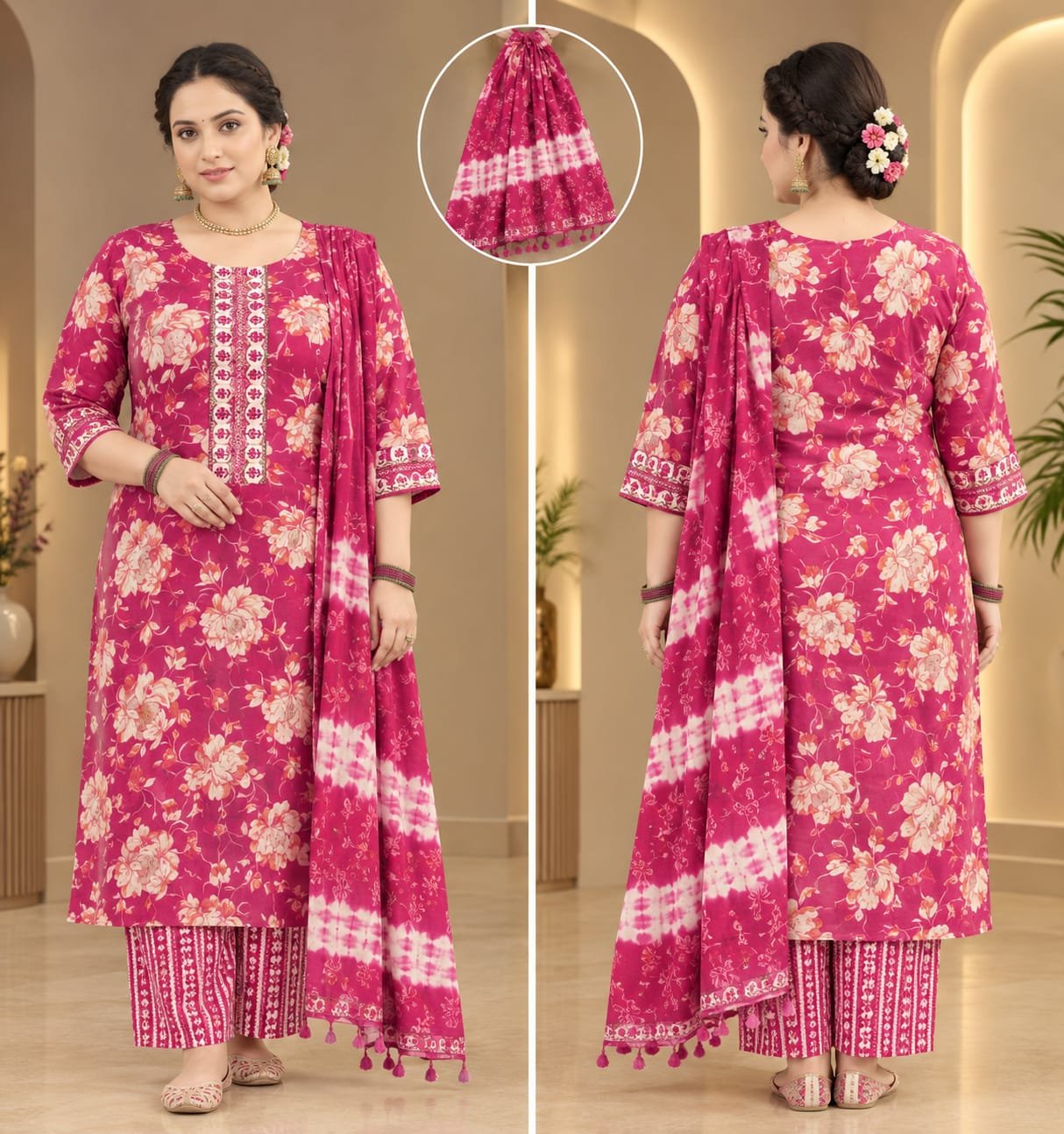 The Kurti Shop Magenta Floral Printed Pure Cotton Straight Kurta Set with Palazzo and Dupatta | 3 Piece Set view 3