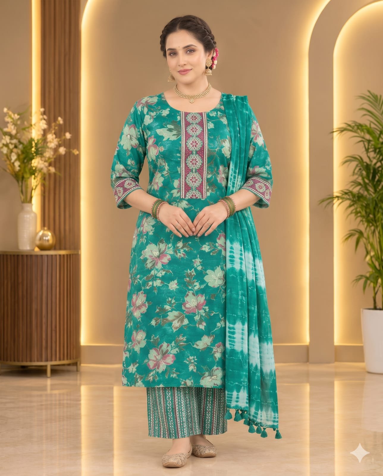 The Kurti Shop Teal Green Floral Printed Pure Cotton Straight Kurta Set with Palazzo and Tie-Dye Dupatta | 3 Piece Set