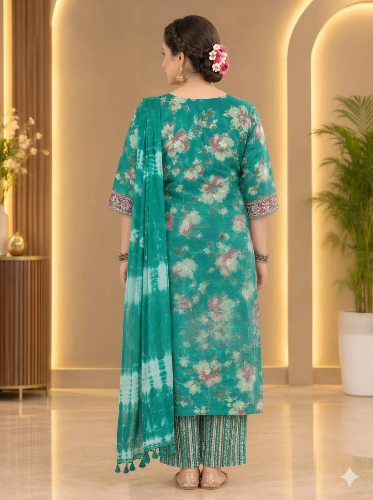 The Kurti Shop Teal Green Floral Printed Pure Cotton Straight Kurta Set with Palazzo and Tie-Dye Dupatta | 3 Piece Set view 2