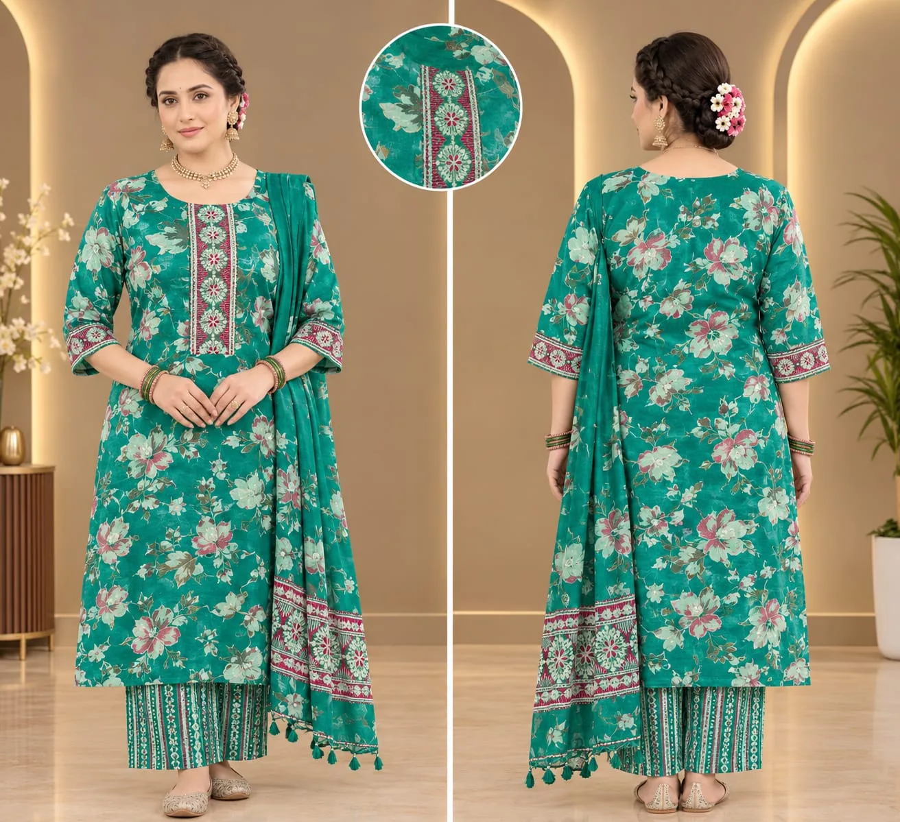 The Kurti Shop Teal Green Floral Printed Pure Cotton Straight Kurta Set with Palazzo and Tie-Dye Dupatta | 3 Piece Set view 3