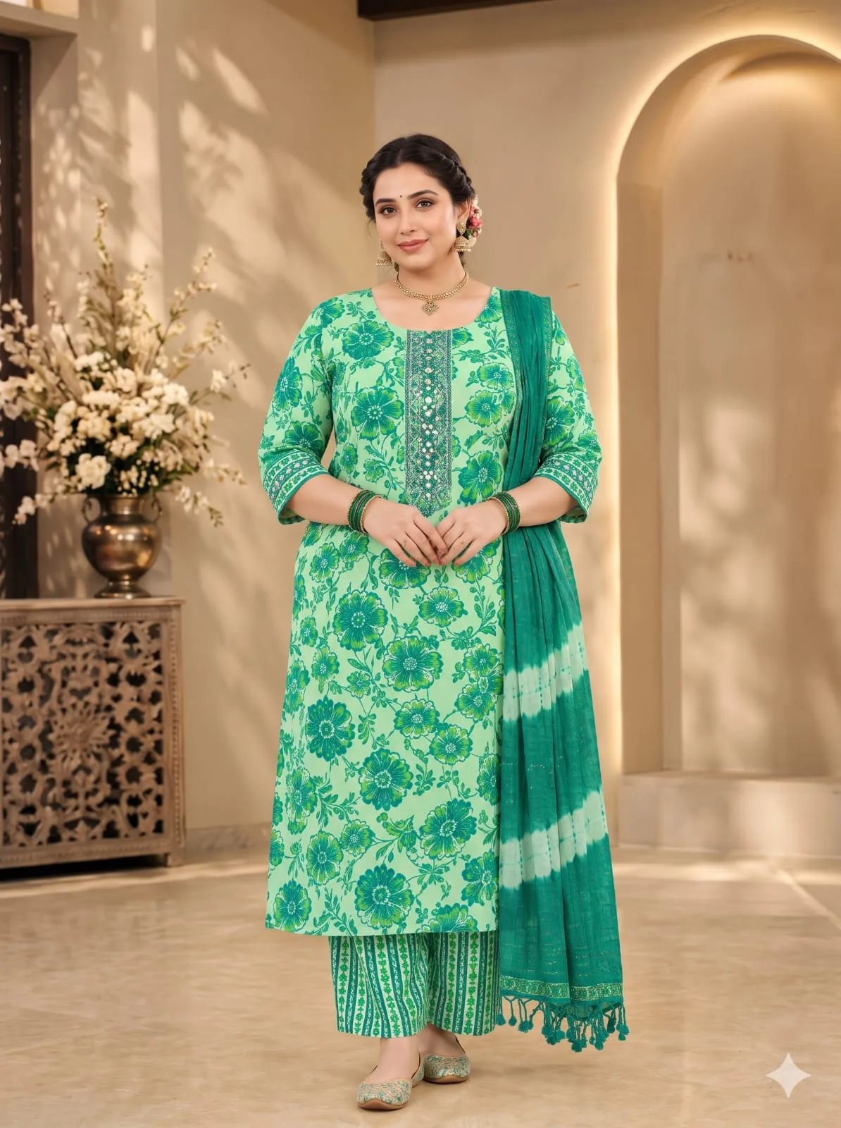 The Kurti Shop Sage Green Floral Printed Pure Cotton Straight Kurta Set with Striped Pants & Tie-Dye Dupatta | 3 Piece Set