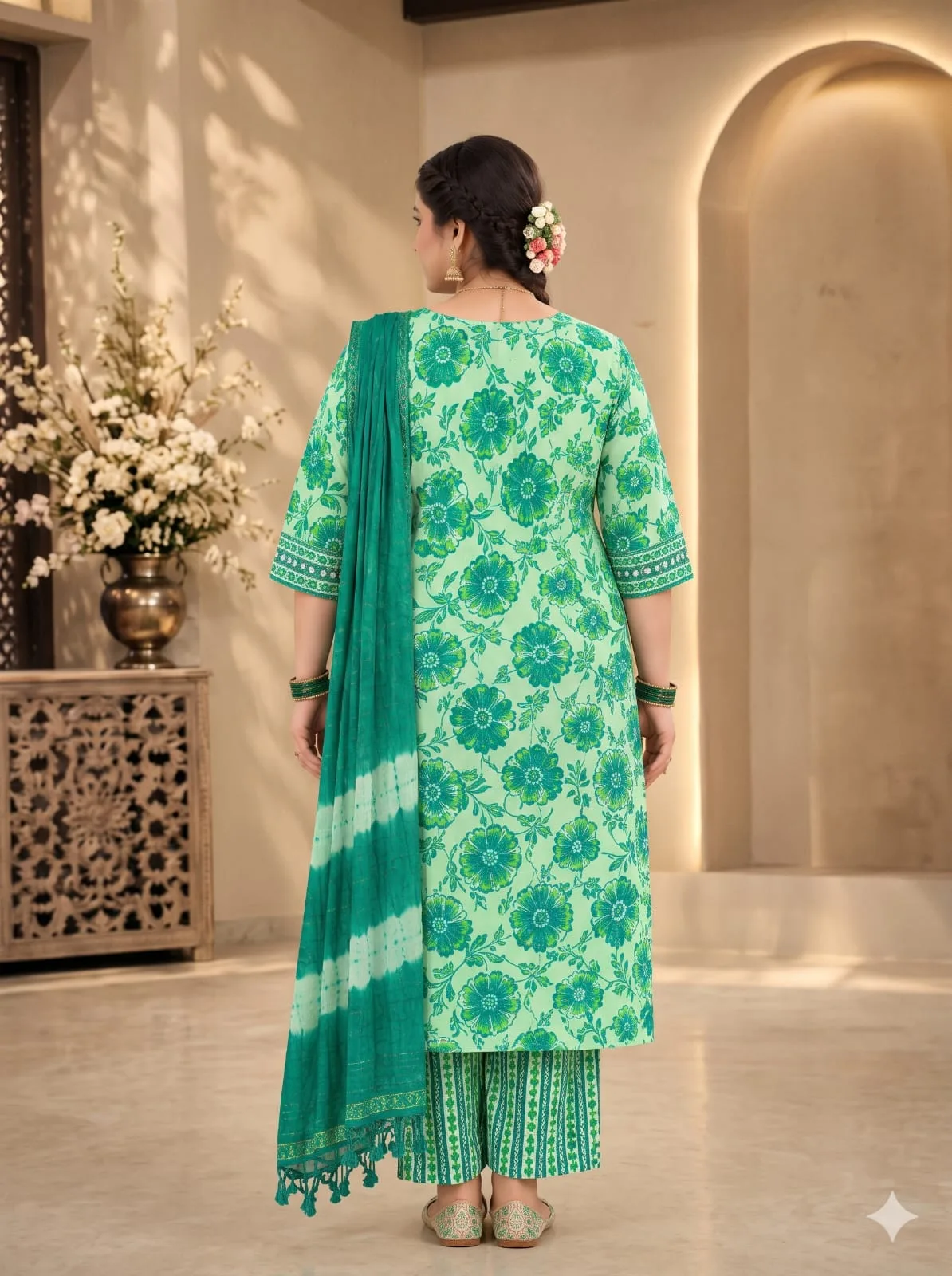 The Kurti Shop Sage Green Floral Printed Pure Cotton Straight Kurta Set with Striped Pants & Tie-Dye Dupatta | 3 Piece Set view 2