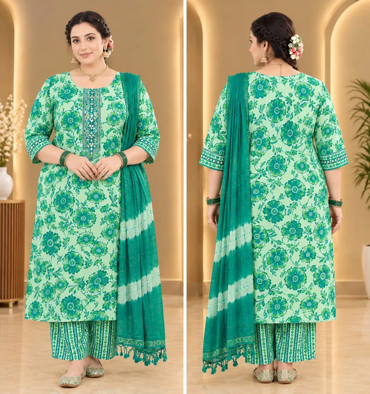 The Kurti Shop Sage Green Floral Printed Pure Cotton Straight Kurta Set with Striped Pants & Tie-Dye Dupatta | 3 Piece Set view 3