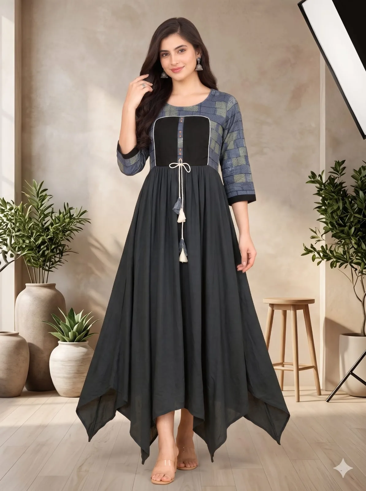 The Kurti Shop Charcoal Grey & Slate Blue Patterned Rayon Anarkali Kurti