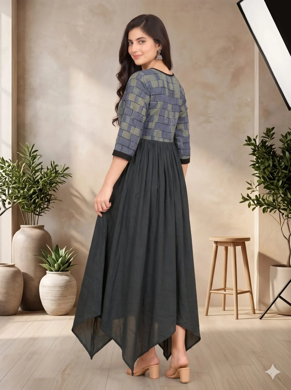 The Kurti Shop Charcoal Grey & Slate Blue Patterned Rayon Anarkali Kurti view 2