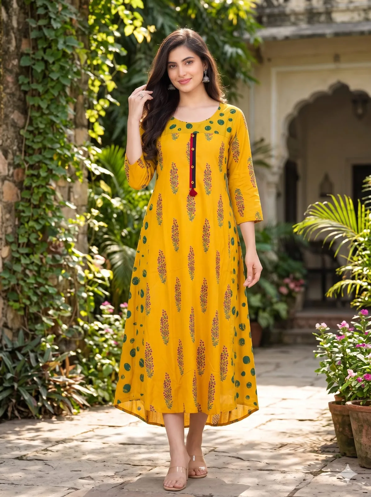 The Kurti Shop Mustard Yellow Floral Printed Pure Cotton Anarkali Kurti