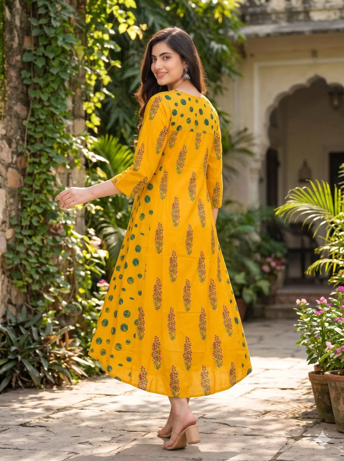 The Kurti Shop Mustard Yellow Floral Printed Pure Cotton Anarkali Kurti view 2