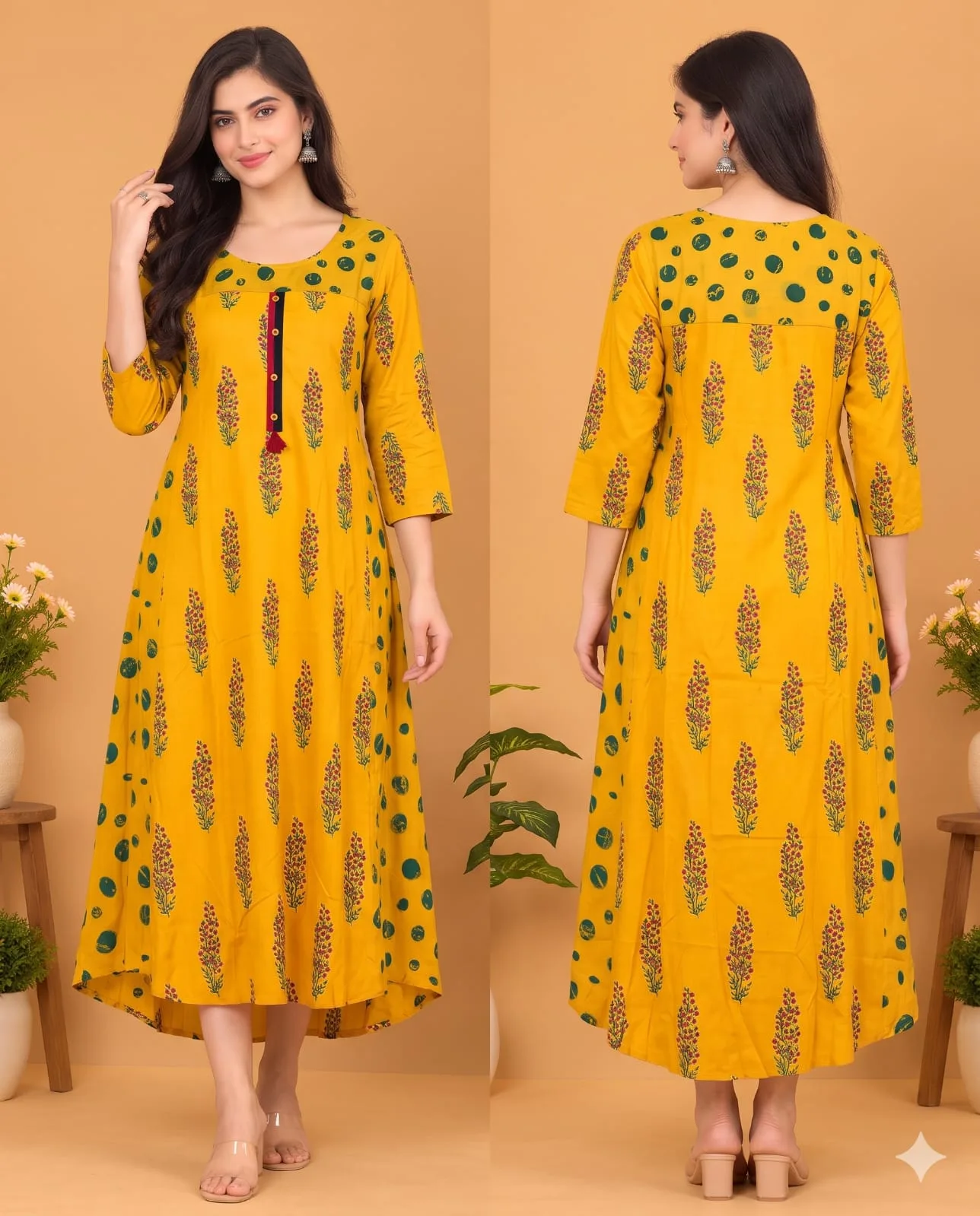 The Kurti Shop Mustard Yellow Floral Printed Pure Cotton Anarkali Kurti view 3