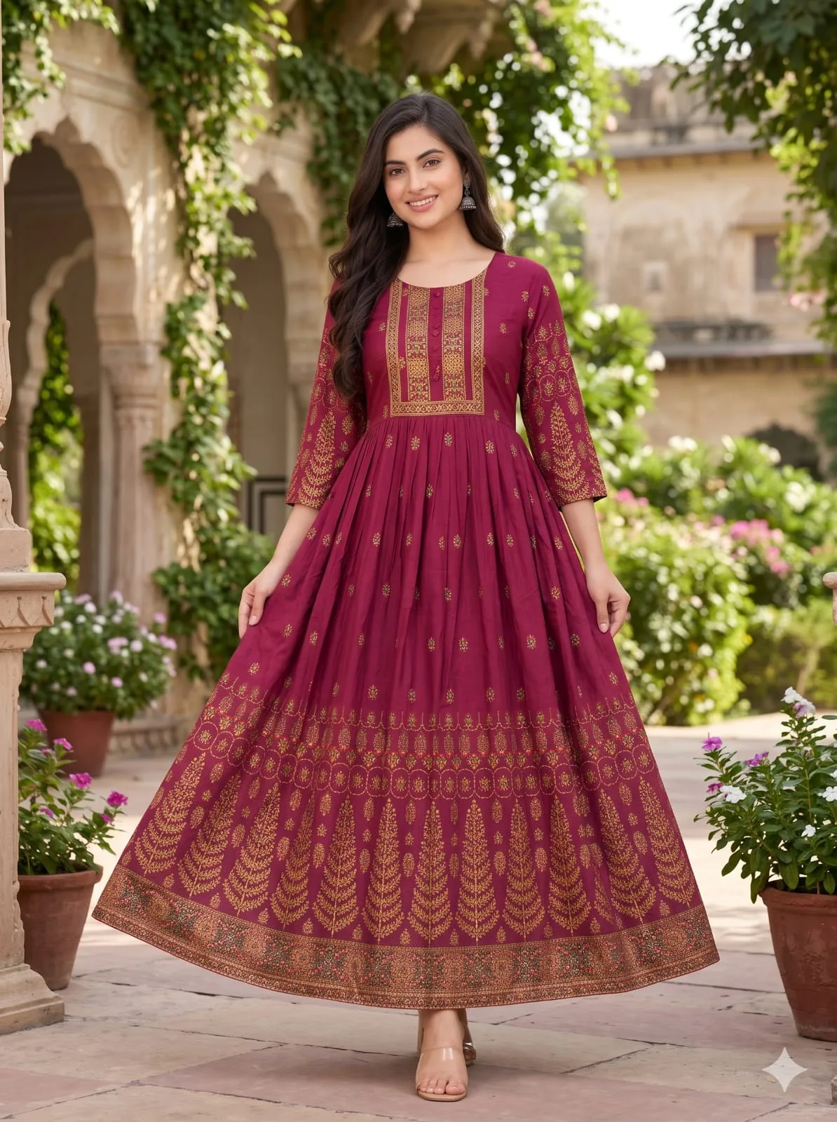 The Kurti Shop Wine Maroon Gold Foil Printed Premium Rayon Anarkali Kurti