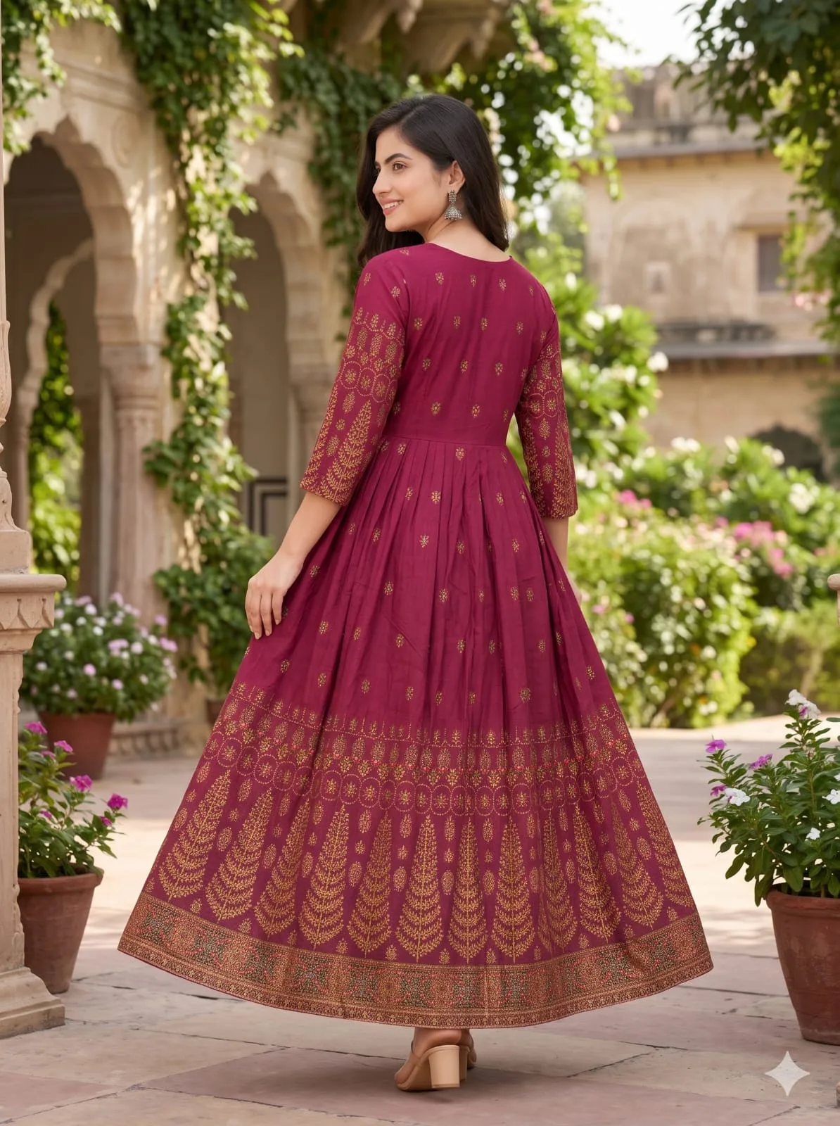 The Kurti Shop Wine Maroon Gold Foil Printed Premium Rayon Anarkali Kurti view 2