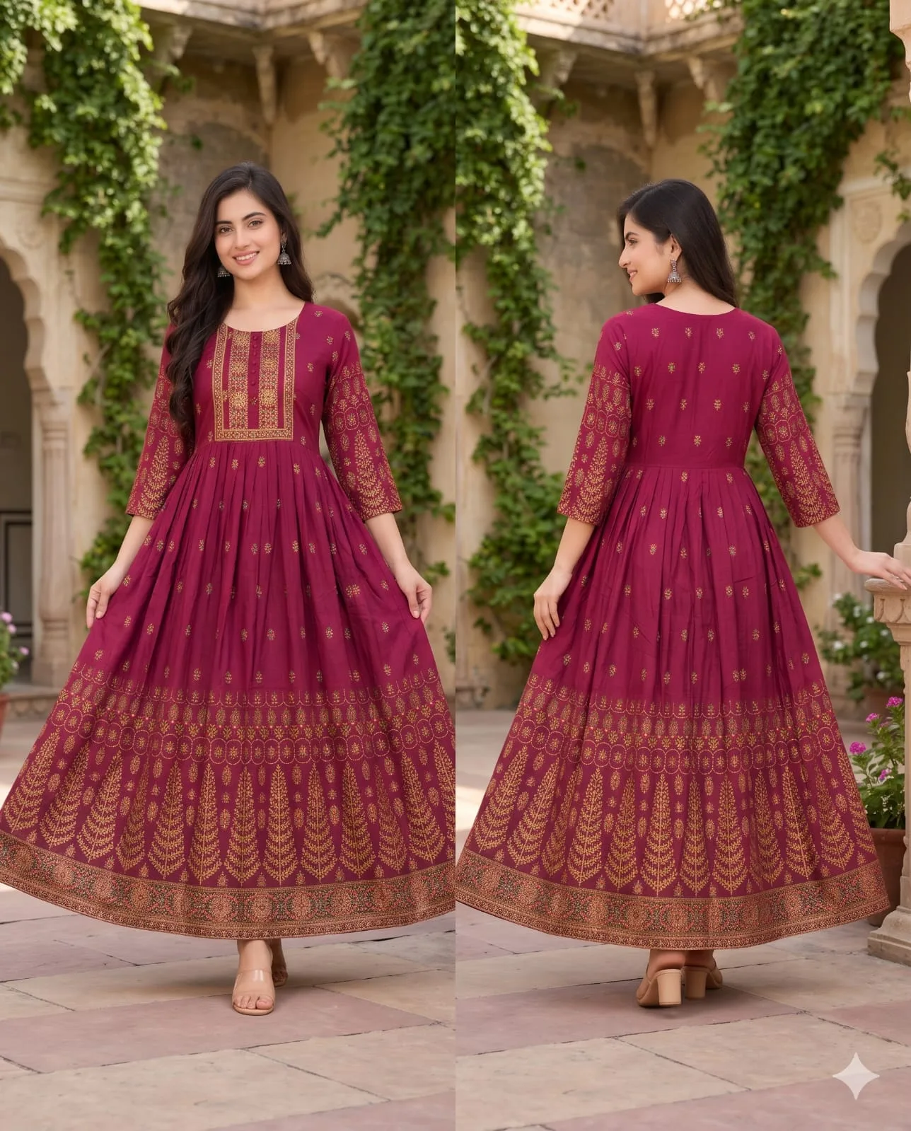 The Kurti Shop Wine Maroon Gold Foil Printed Premium Rayon Anarkali Kurti view 3