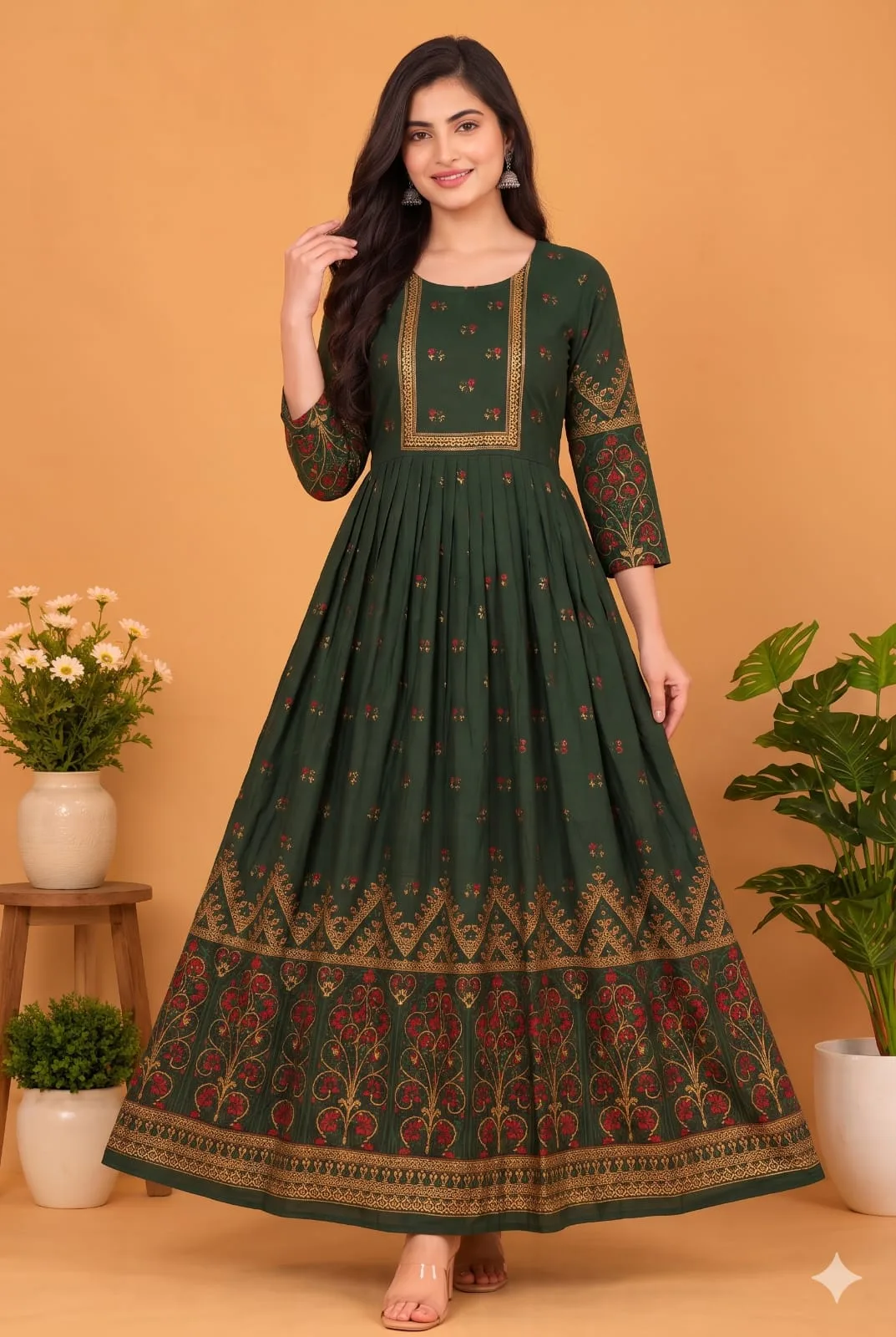 The Kurti Shop Emerald Green Floral Printed Premium Rayon Anarkali Kurti