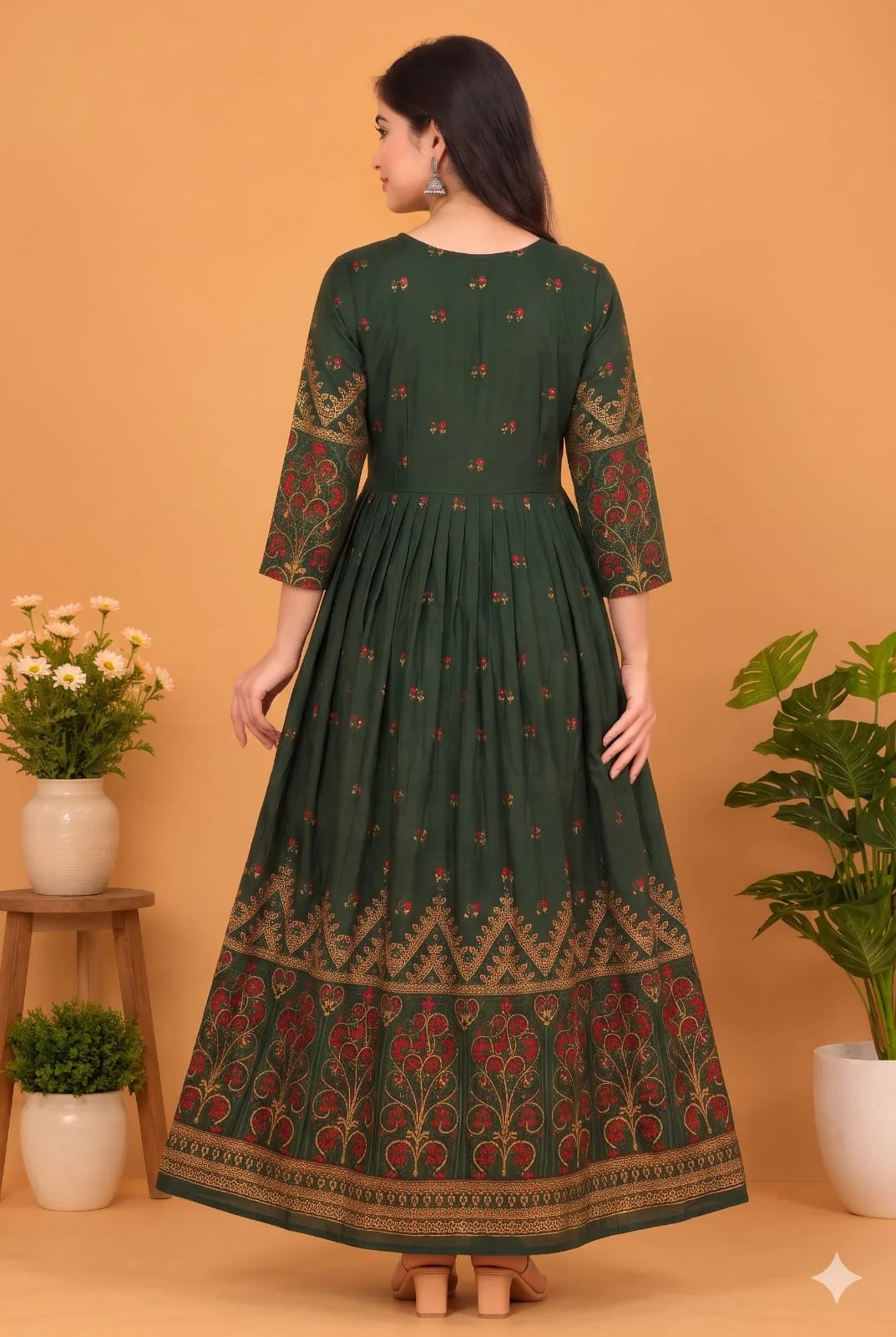 The Kurti Shop Emerald Green Floral Printed Premium Rayon Anarkali Kurti view 2