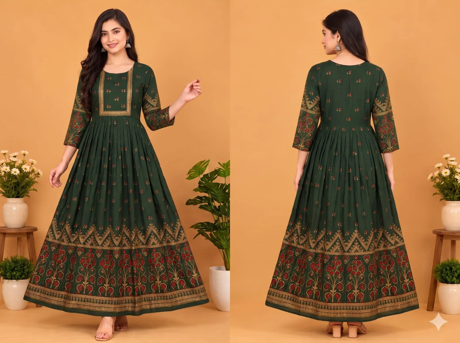 The Kurti Shop Emerald Green Floral Printed Premium Rayon Anarkali Kurti view 3