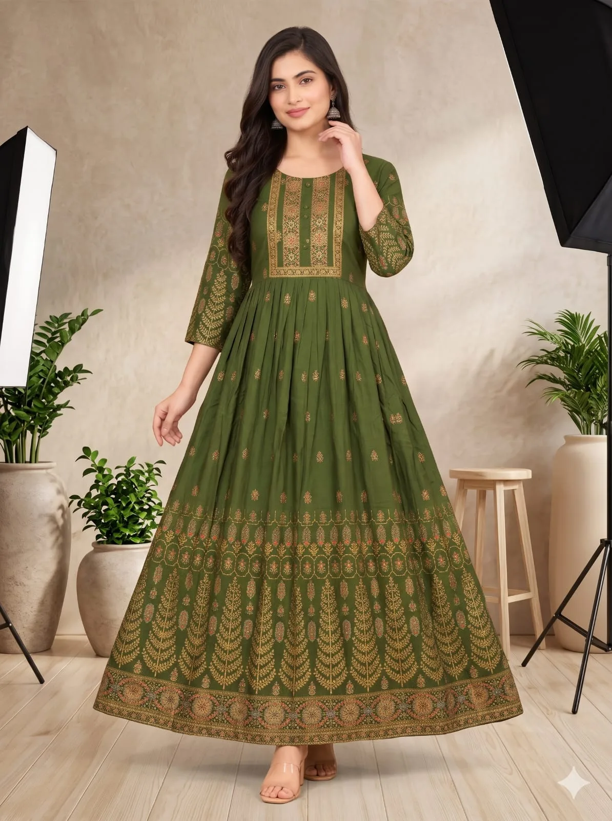 The Kurti Shop Olive Green Gold Printed Premium Rayon Anarkali Kurti