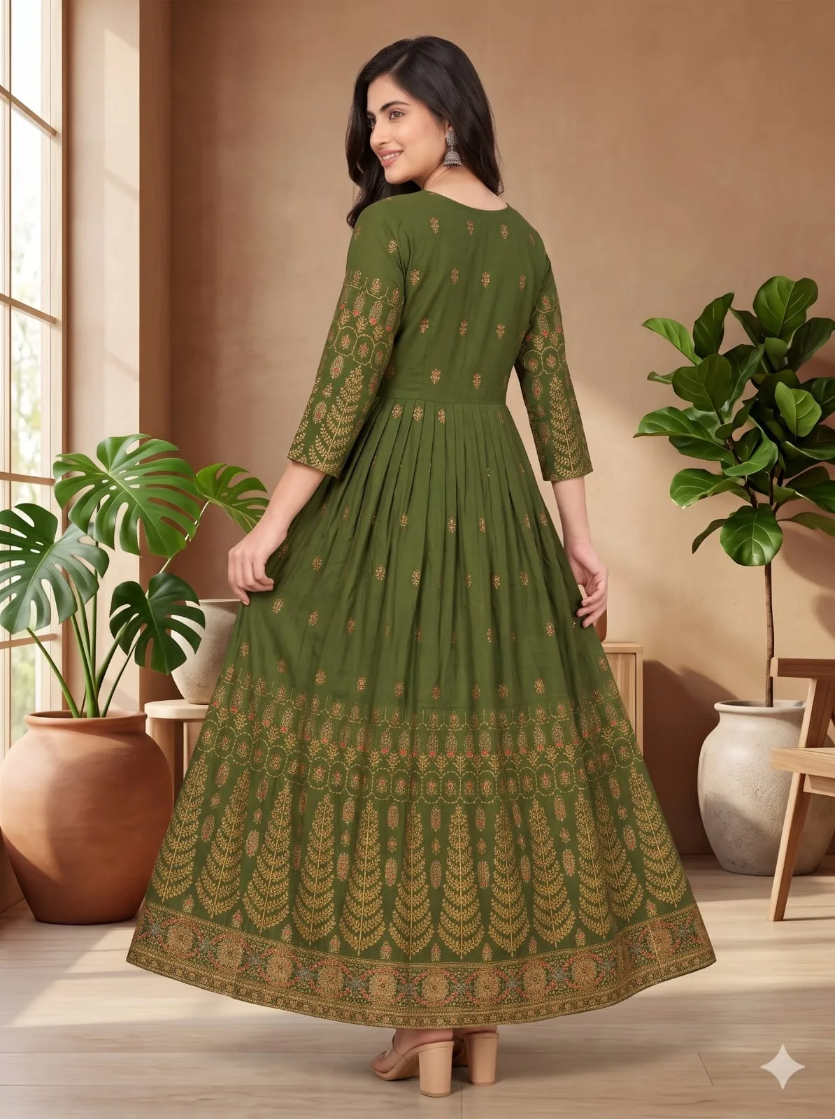 The Kurti Shop Olive Green Gold Printed Premium Rayon Anarkali Kurti view 2