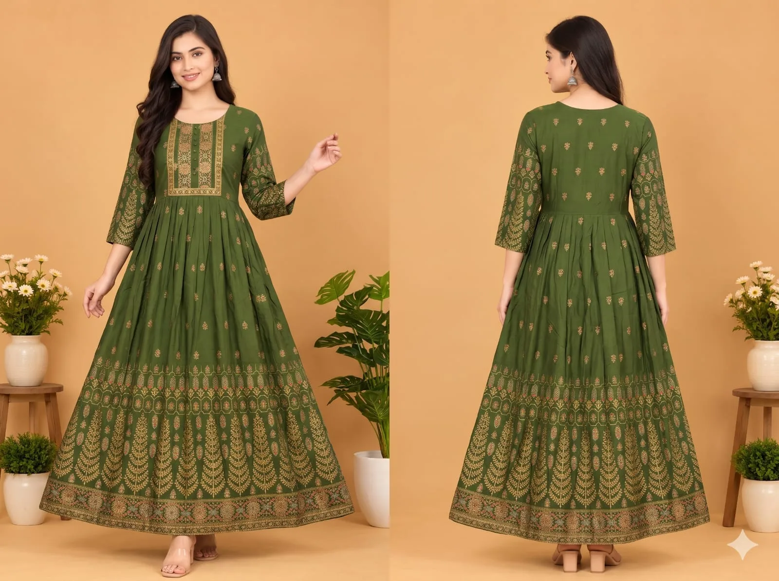 The Kurti Shop Olive Green Gold Printed Premium Rayon Anarkali Kurti view 3