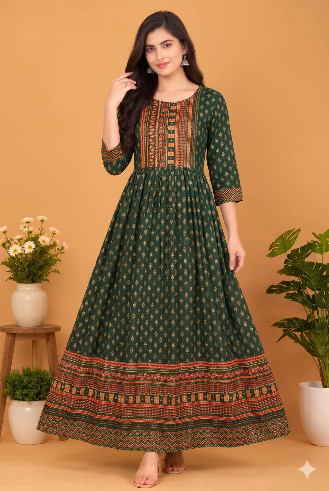 The Kurti Shop Emerald Green Printed Pure Cotton Anarkali Kurti