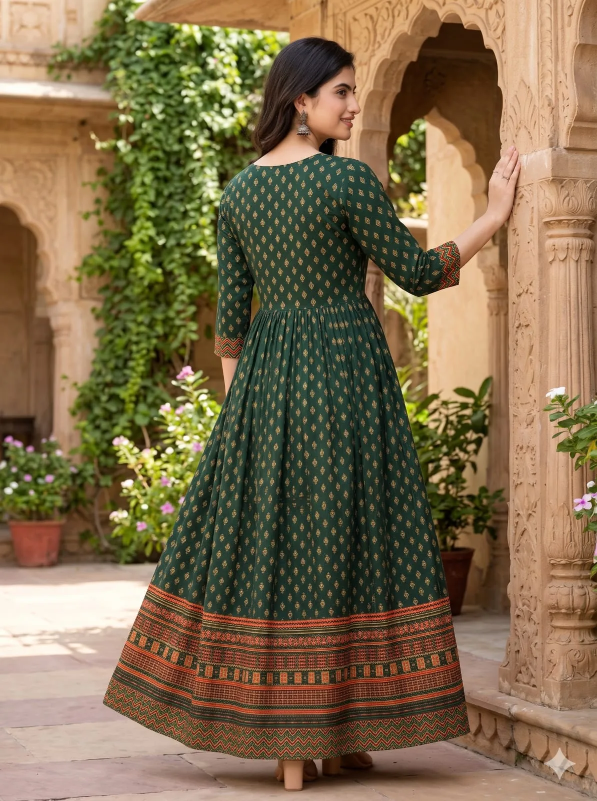 The Kurti Shop Emerald Green Printed Pure Cotton Anarkali Kurti view 2