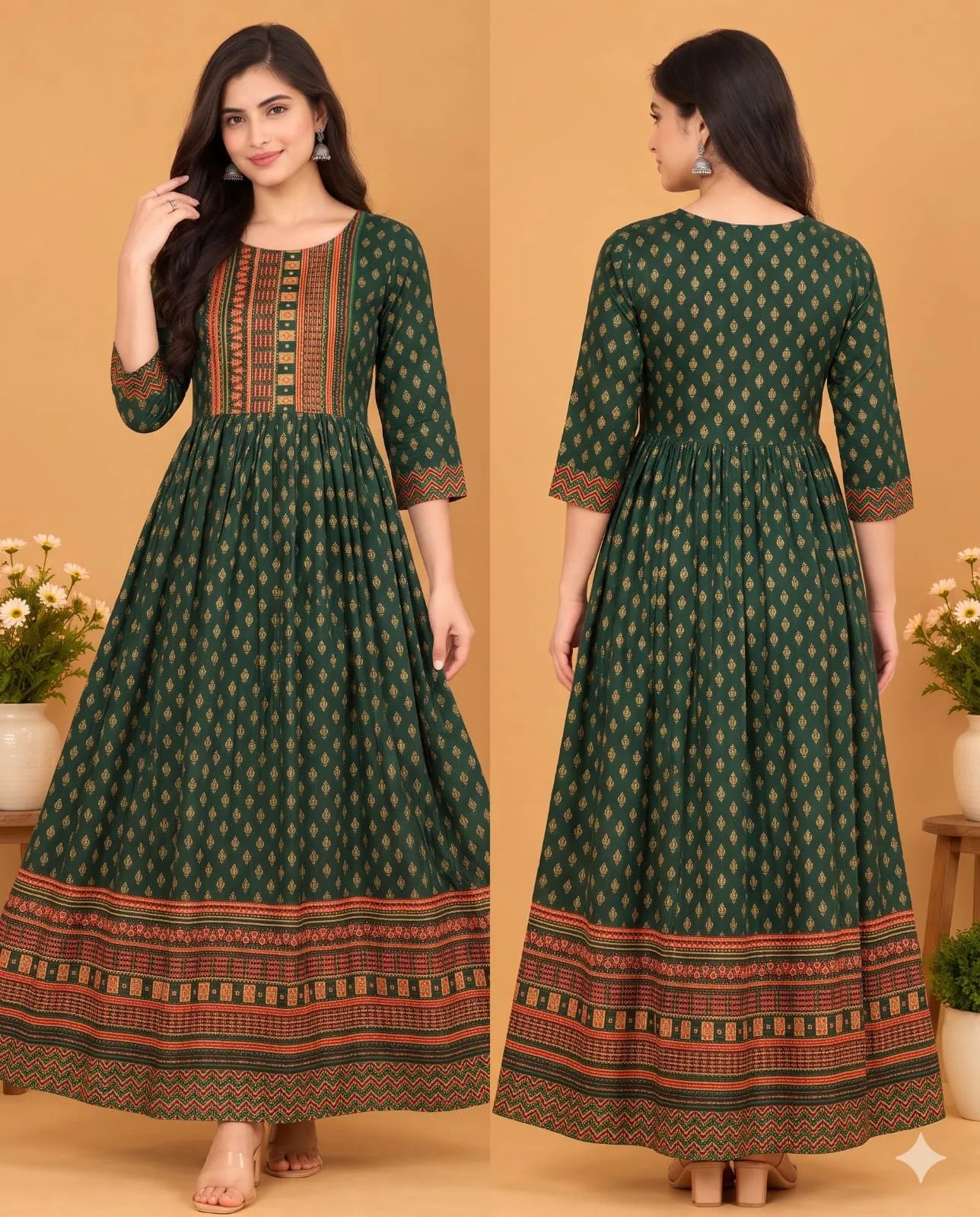 The Kurti Shop Emerald Green Printed Pure Cotton Anarkali Kurti view 3