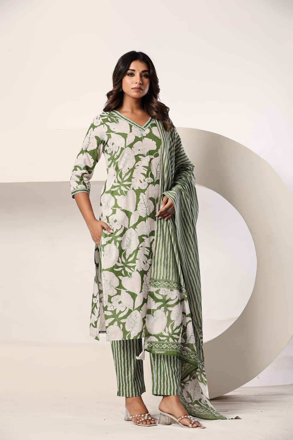 Green Floral Printed 3 Piece Kurta Set with Striped Pant & Dupatta