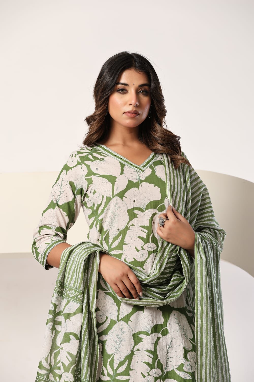 Green Floral Printed 3 Piece Kurta Set with Striped Pant & Dupatta view 3