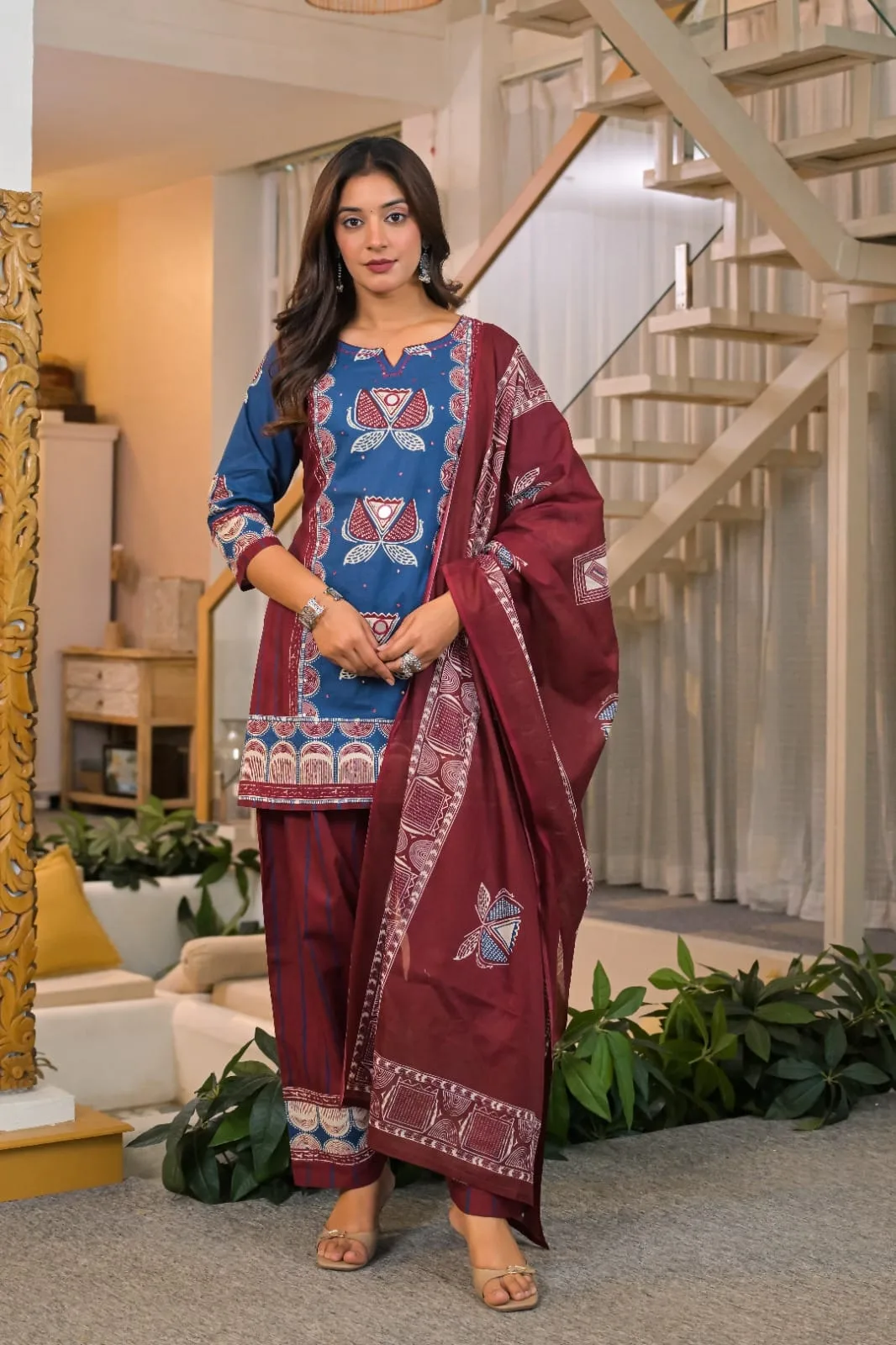 The Khurti Shop Printed Cotton Straight Kurti with Salwar Pants and Dupatta Set view 5
