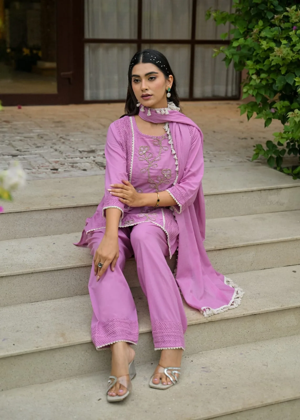 The Khurtis Shop Women Lavish Lavender Embroidered Cotton Kurta with Dupatta Set view 4