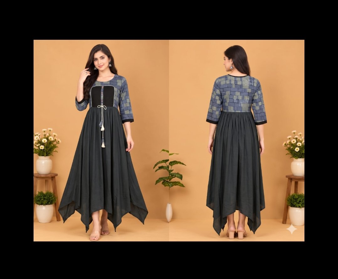 The Kurti Shop Charcoal Grey & Slate Blue Patterned Rayon Anarkali Kurti view 3